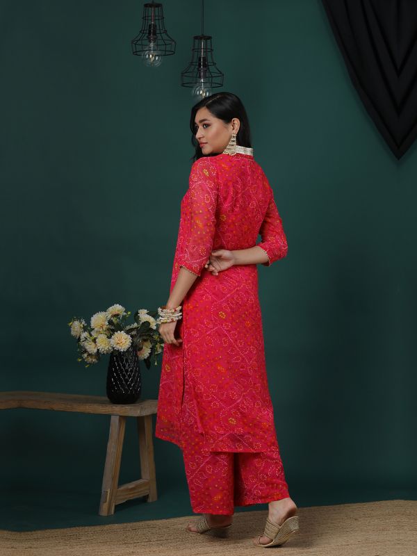 Globus Women Pink V-Neck Gotta Lace Bandhani Print Panelled A-Line Kurta & Flared Palazzos Festive Set