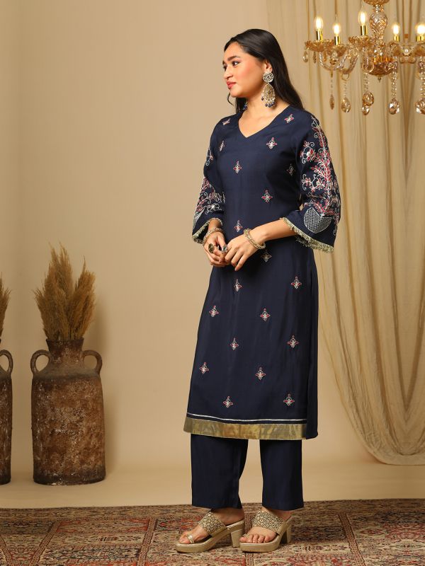 Globus Women Navy Blue V-Neck Zari Embroidered Fringe Lace Detailing Bell Sleeves Straight Kurta & Elasticated Pants Festive Set