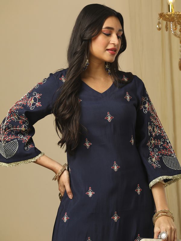 Globus Women Navy Blue V-Neck Zari Embroidered Fringe Lace Detailing Bell Sleeves Straight Kurta & Elasticated Pants Festive Set