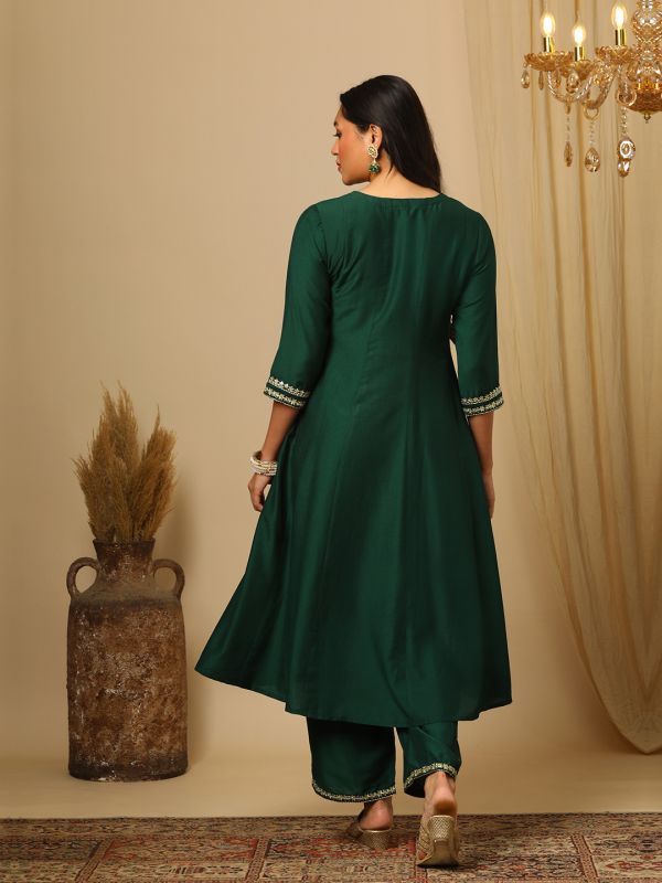 Globus Women Green Embroidered V-Neck Gold Lace Detail Panelled Angrakha A-Line Kurta & Elasticated Pants Festive Set