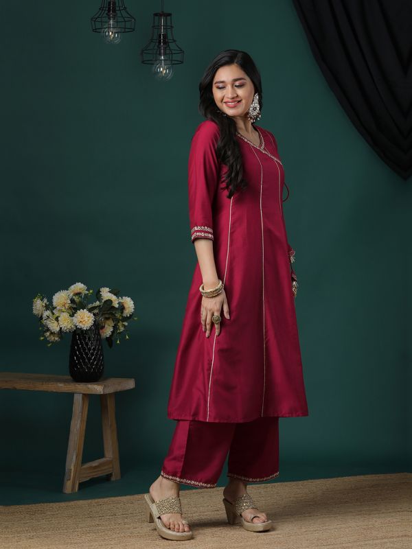 Globus Women Maroon Embroidered V-Neck Gold Lace Detail Panelled Angrakha A-Line Kurta & Elasticated Pants Festive Set