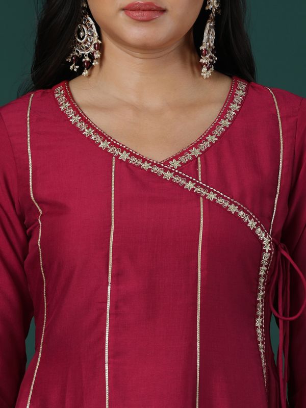 Globus Women Maroon Embroidered V-Neck Gold Lace Detail Panelled Angrakha A-Line Kurta & Elasticated Pants Festive Set