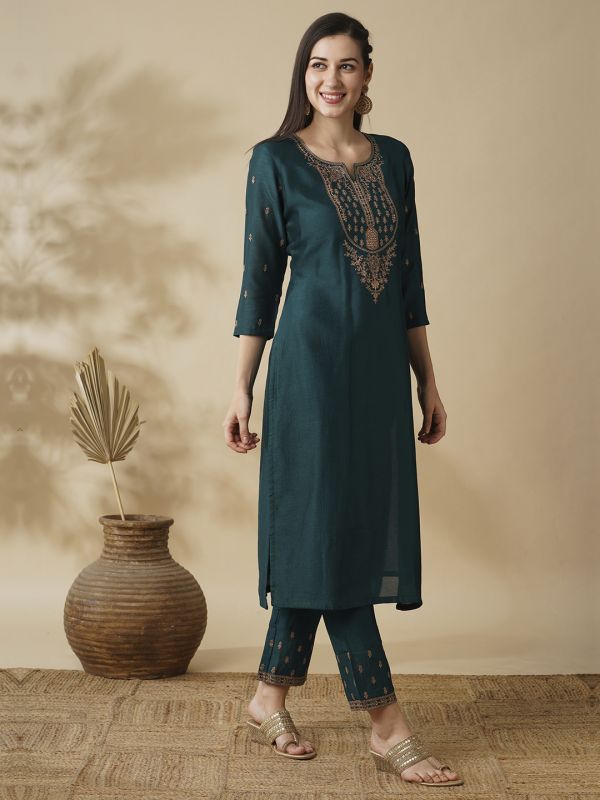 Globus Women Teal Zari Embroidered Yoke Straight Calf Length Kurta & Trouser Set