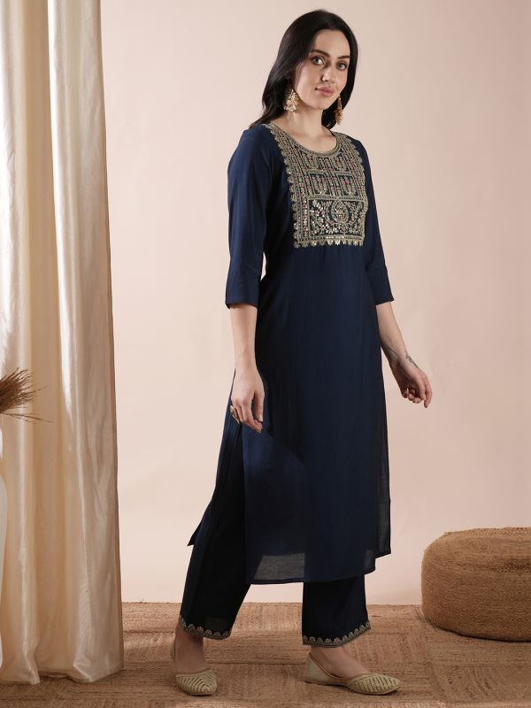 Globus Women Blue Embroidered & Sequinned Yoke Straight Kurta With Wide Leg Pants Festive Set