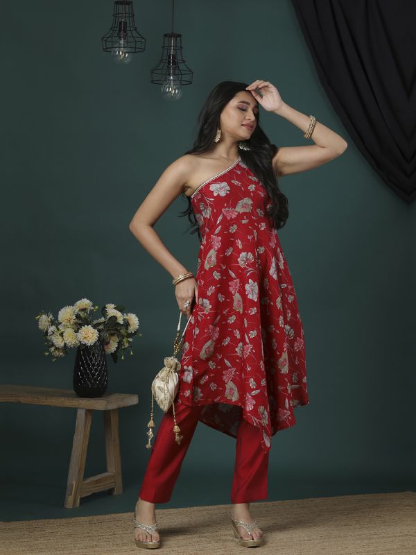 Globus Women Red One Shoulder Gotta Lace Detail Silver Highlight Floral Print Asymmetric Hem A-Line Kurta & Pants Fusion Set