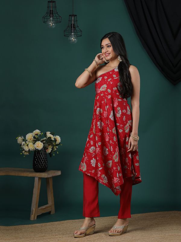 Globus Women Red One Shoulder Gotta Lace Detail Silver Highlight Floral Print Asymmetric Hem A-Line Kurta & Pants Fusion Set