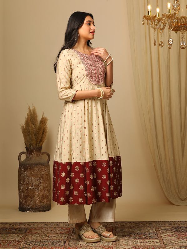 Globus Women Beige Embroidered Yoke Gold Foil Printed Panelled Anarkali Kurta & Elasticated Pants Festive Set