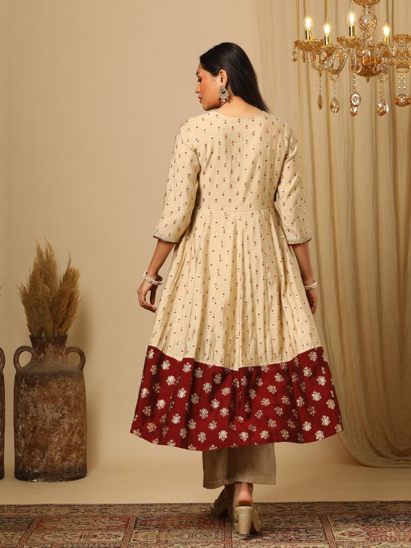 Globus Women Beige Embroidered Yoke Gold Foil Printed Panelled Anarkali Kurta & Elasticated Pants Festive Set