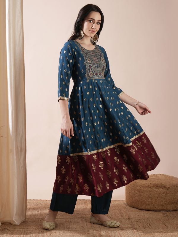 Globus Women Blue Gold Foil Printed Panelled Anarkali Kurta & Elasticated Pants Festive Set