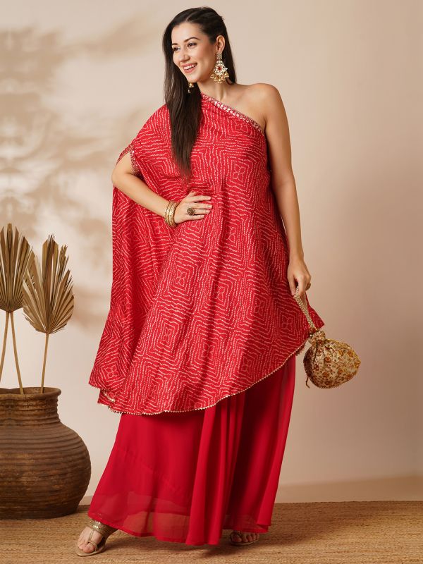 Globus Women Red Bandhani Printed Embroidered One Shoulder Tunic & Georgette Elasticated Floor Length Skirt Fusion Co-Ord Set