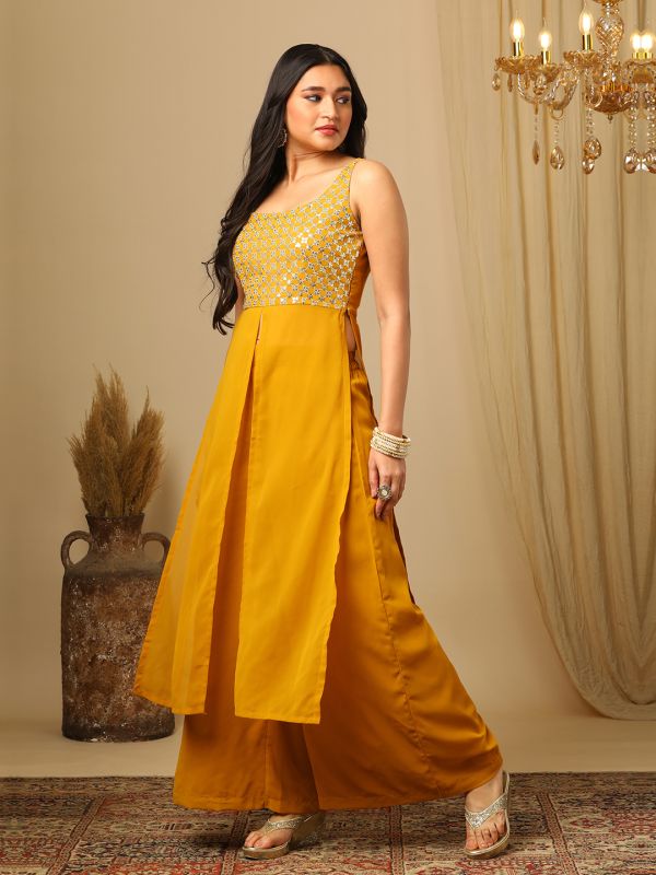 Globus Women Yellow Zari Embroidered Sequinned Yoke Front Slit Straight Kurta & Flared Palazzos Festive Set