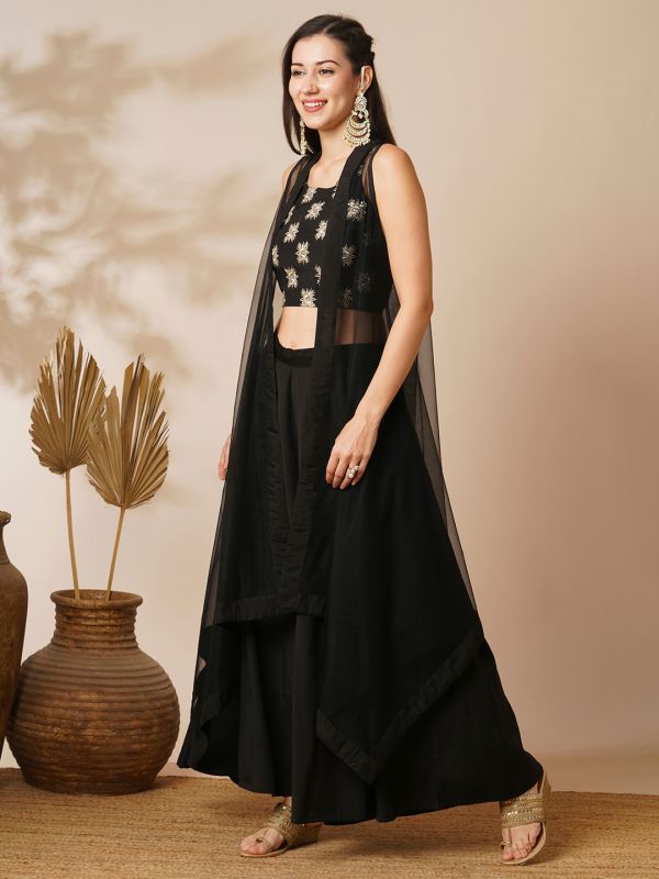 Globus Women Black Ethnic Motifs Strappy Sleeves Crop Top & Flared Mid-Rise Partially Elasticated Floor Length Palazzo with Shrug Fusion Co-Ord Set