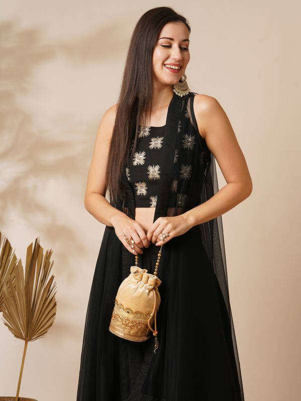 Globus Women Black Ethnic Motifs Strappy Sleeves Crop Top & Flared Mid-Rise Partially Elasticated Floor Length Palazzo with Shrug Fusion Co-Ord Set