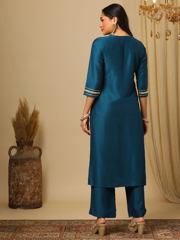 Globus Women Teal Zari Embroidered Yoke Gotta Lace Detailing Straight Kurta & Elasticated Pants Festive Set