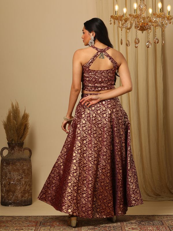 Globus Women Burgundy Brocade Floral Jaal Print Halter Neck Stylised Back Blouse & Flared Lehenga Festive Co-Ords Set