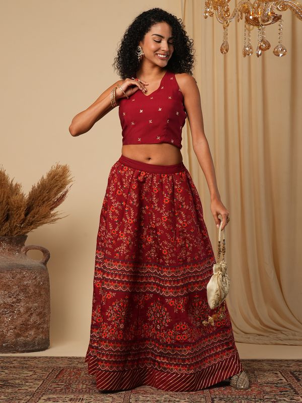 Globus Women Maroon Halter Neck Embroidered Stylised Back Blouse With Floral Print Lehenga Festive Co-Ord Set