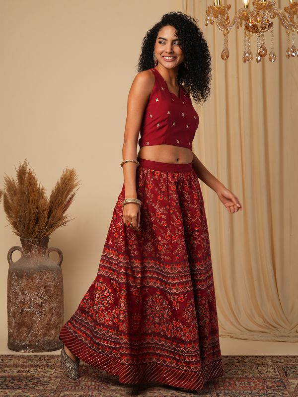 Globus Women Maroon Halter Neck Embroidered Stylised Back Blouse With Floral Print Lehenga Festive Co-Ord Set