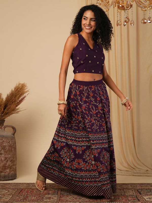 Globus Women Purple Halter Neck Embroidered Stylised Back Blouse With Floral Print Lehenga Festive Co-Ord Set