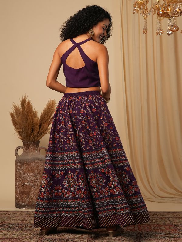 Globus Women Purple Halter Neck Embroidered Stylised Back Blouse With Floral Print Lehenga Festive Co-Ord Set