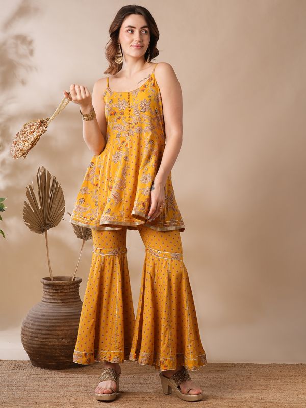 Globus Women Yellow Strappy Shoulder Gold Foil Floral Printed Gotta Lace Tunic & Gharara Fusion Co-Ord Set