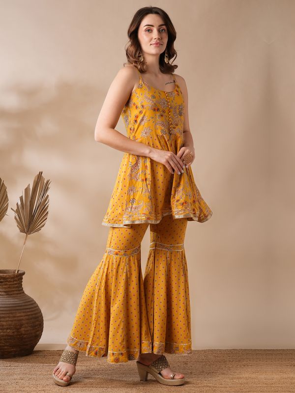 Globus Women Yellow Strappy Shoulder Gold Foil Floral Printed Gotta Lace Tunic & Gharara Fusion Co-Ord Set