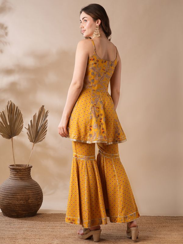 Globus Women Yellow Strappy Shoulder Gold Foil Floral Printed Gotta Lace Tunic & Gharara Fusion Co-Ord Set