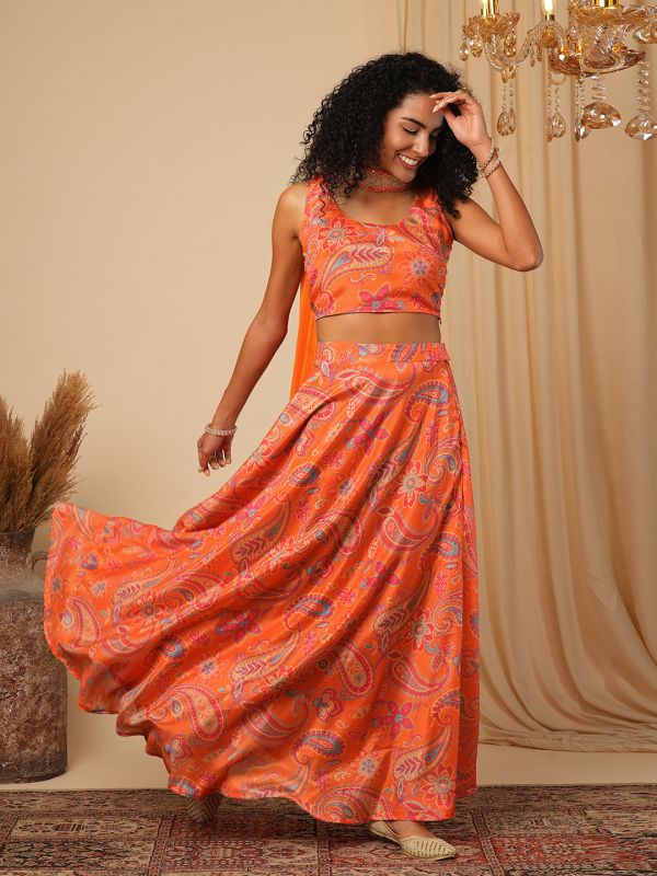 Globus Women Orange Sleeveless Floral Paisley Printed Blouse With Lehenga & Embroidered Choker Dupatta Fusion Co-Ord Set