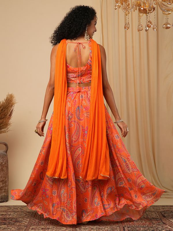 Globus Women Orange Sleeveless Floral Paisley Printed Blouse With Lehenga & Embroidered Choker Dupatta Fusion Co-Ord Set