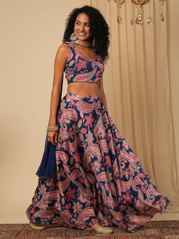 Globus Women Blue Sleeveless Floral Paisley Printed Blouse With Lehenga & Embroidered Choker Dupatta Fusion Co-Ord Set