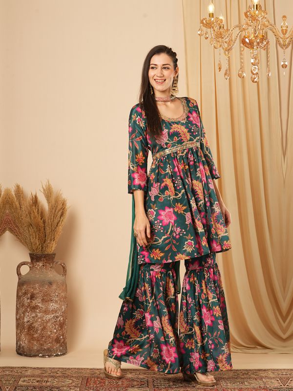 Globus Women Green Allover Floral Printed Sequinned Yoke Front Slit Tunic With Gharara & Chocker Dupatta Festive Co-Ord Set