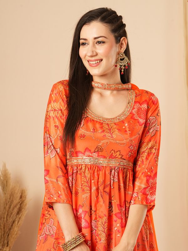 Globus Women Orange Allover Floral Printed Sequinned Yoke Front Slit Tunic With Gharara & Chocker Dupatta Festive Co-Ord Set