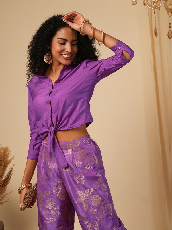 Globus Women Purple Cuffed Sleeves Solid Tie-Up Detail Crop Shirt With Brocade Floral Woven Design Flared Pants Fusion Co-Ord Set