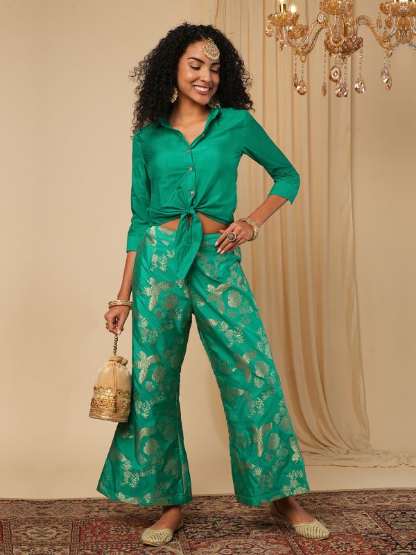 Globus Women Green Cuffed Sleeves Solid Tie-Up Detail Crop Shirt With Brocade Floral Woven Design Flared Pants Fusion Co-Ord Set