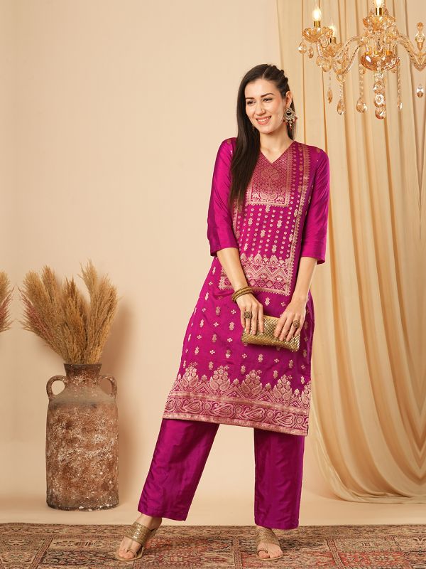 Globus Women Magenta V-Neck Brocade Gold Ethnic Motifs Jaal Print Straight Kurta With Elasticated Pants Festive Set