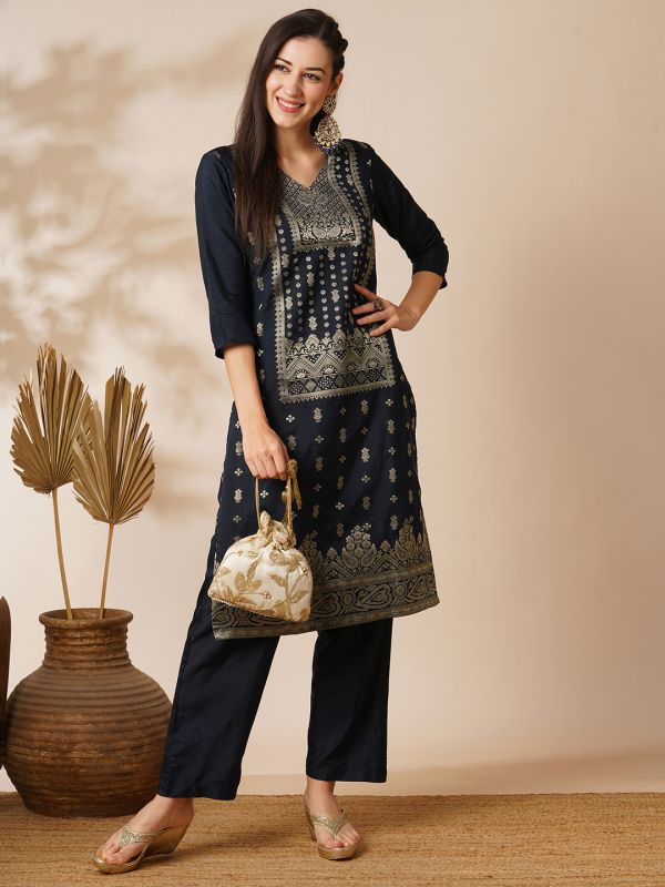 Globus Women Blue V-Neck Silver Brocade Ethnic Motifs Straight Knee Length Kurta With Wide-Leg Pants Festive Set