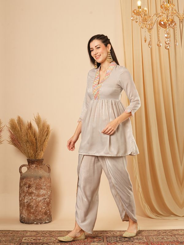 Globus Women Grey Overlapping Sequined Lace V-Neck Scalloped Sleeves Velvet Peplum Tunic & Mid-Rise Ankle Length Partially Elasticated Dhoti Fusion Co-ord Set