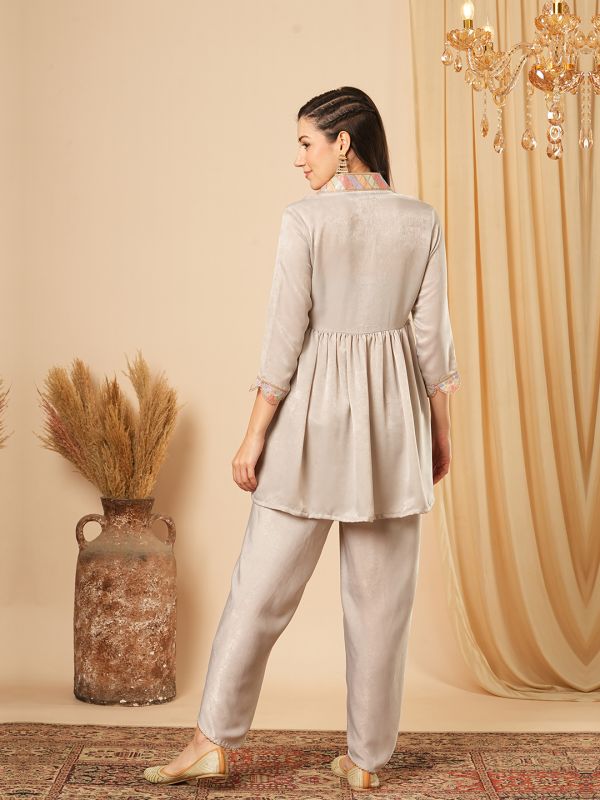 Globus Women Grey Overlapping Sequined Lace V-Neck Scalloped Sleeves Velvet Peplum Tunic & Mid-Rise Ankle Length Partially Elasticated Dhoti Fusion Co-ord Set