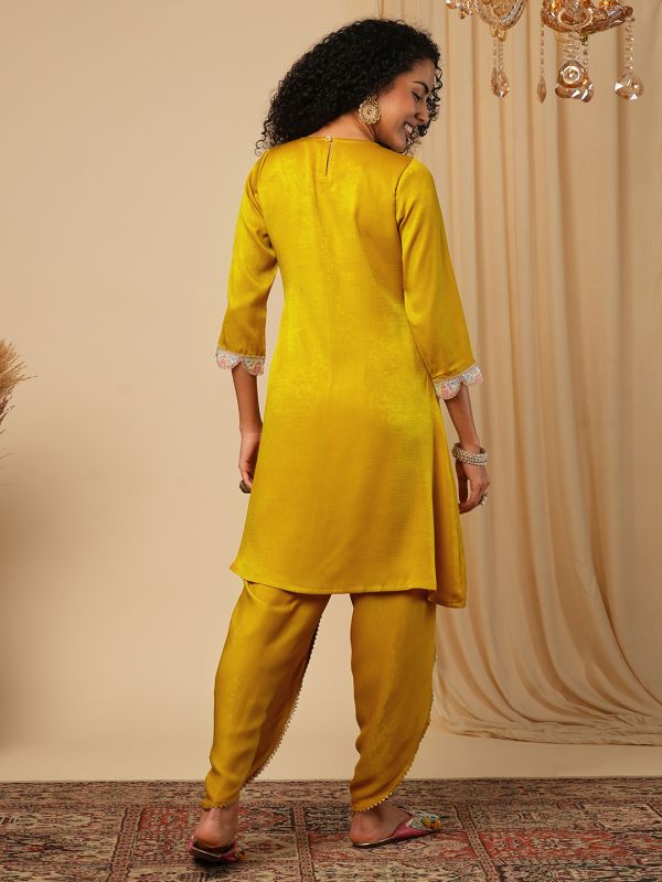 Globus Women Mustard Sequinned Yoke Design Scalloped Sleeves Satin Velvet Tunic With Tulip Hem Dhoti Pants Fusion Co-Ord Set