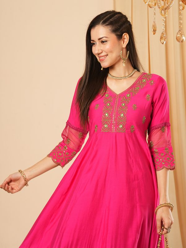 Globus Women Pink Sequinned & Embroidered Yoke Panelled Scalloped Hem Anarkali Kurta With Elasticated Pants Festive Set