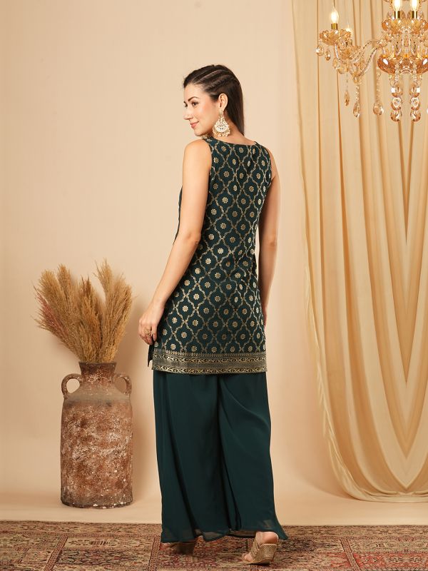 Globus Women Teal Gold Foil Ethnic Motif Round Neck Short Kurti & Partially Elasticated Flared Palazzo Festive Co-Ord Set