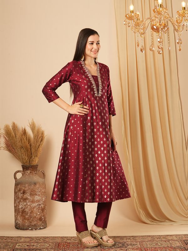 Globus Women Maroon Embroidered V-Neck Allover Gold Foil Printed Panelled Anarkali Kurta With Elasticated Narrow Pants Festive Set