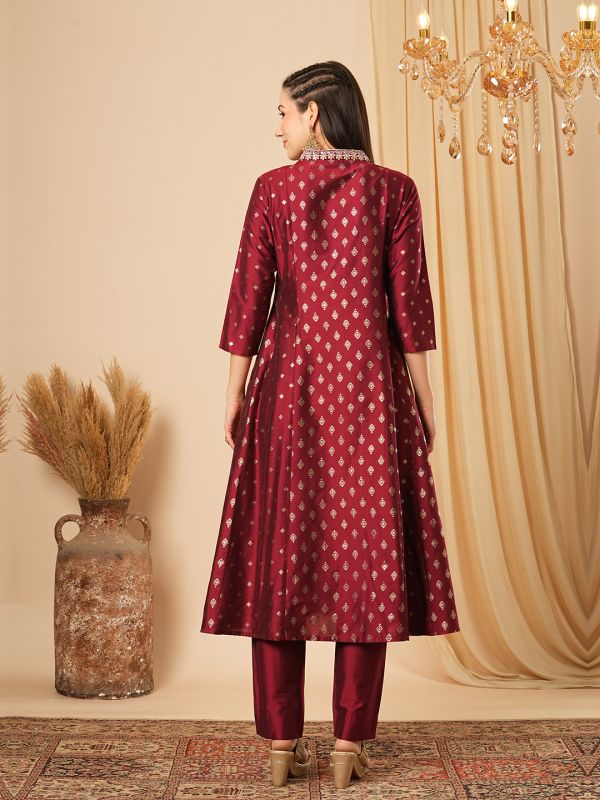 Globus Women Maroon Embroidered V-Neck Allover Gold Foil Printed Panelled Anarkali Kurta With Elasticated Narrow Pants Festive Set