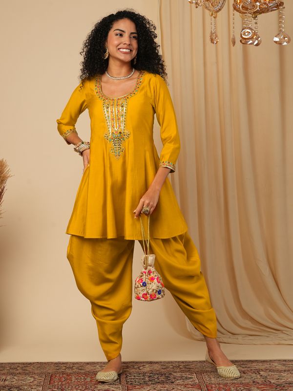 Globus Women Yellow Floral Sequinned & Embroidered Yoke A-Line Peplum Top With Dhoti Pants Fusion Co-Ord Set