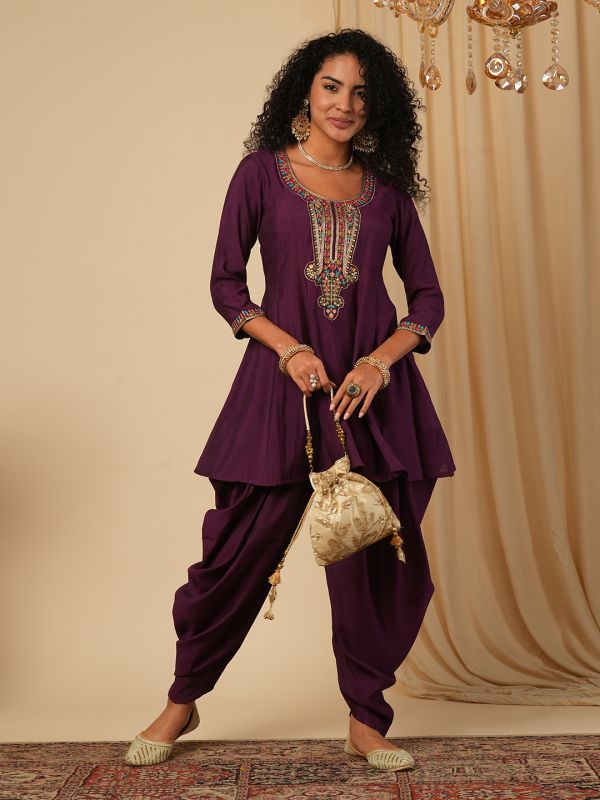 Globus Women Purple Floral Sequinned & Embroidered Yoke A-Line Peplum Top With Dhoti Pants Fusion Co-Ord Set