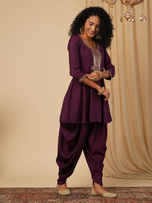 Globus Women Purple Floral Sequinned & Embroidered Yoke A-Line Peplum Top With Dhoti Pants Fusion Co-Ord Set