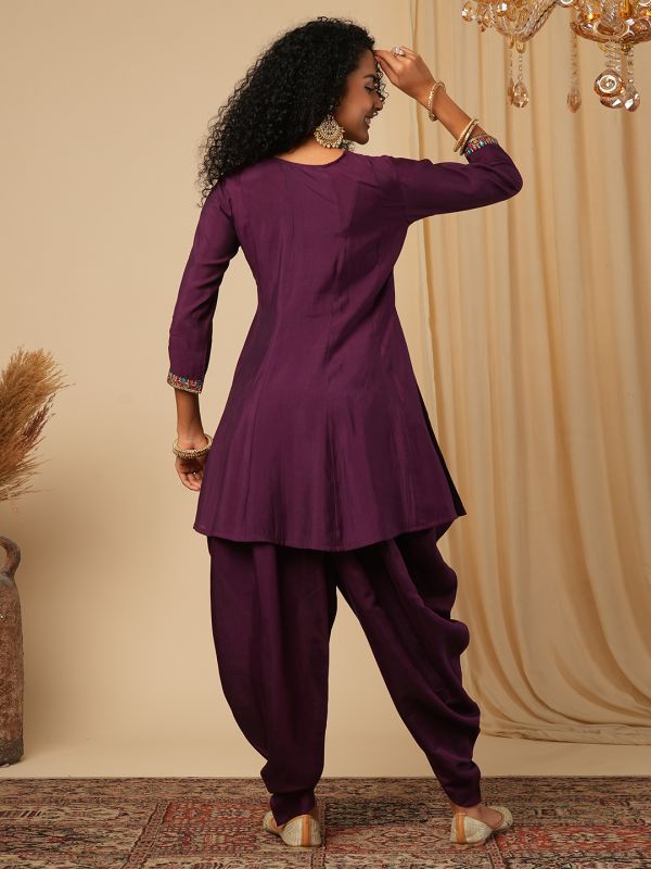 Globus Women Purple Floral Sequinned & Embroidered Yoke A-Line Peplum Top With Dhoti Pants Fusion Co-Ord Set