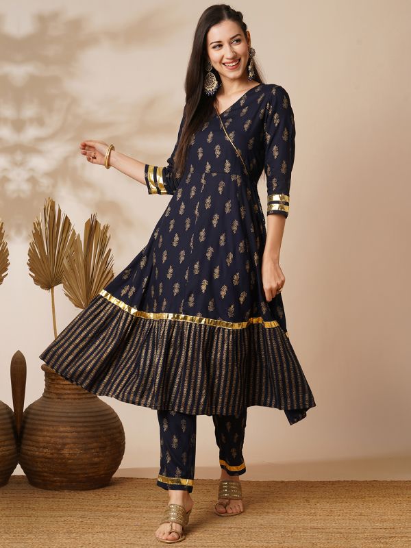 Globus Women Navy V-Neck Floral Printed Gotta Lace Angrakha Anarkali Kurta With Elasticated Pants Festive Set