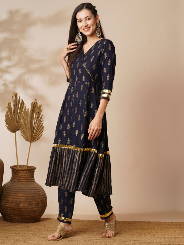 Globus Women Navy V-Neck Floral Printed Gotta Lace Angrakha Anarkali Kurta With Elasticated Pants Festive Set