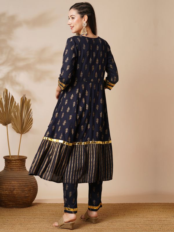 Globus Women Navy V-Neck Floral Printed Gotta Lace Angrakha Anarkali Kurta With Elasticated Pants Festive Set