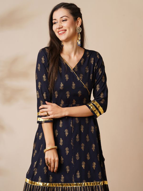 Globus Women Navy V-Neck Floral Printed Gotta Lace Angrakha Anarkali Kurta With Elasticated Pants Festive Set